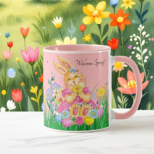 Easter Bunny in Pink Spring Time Flowers Gift Mug