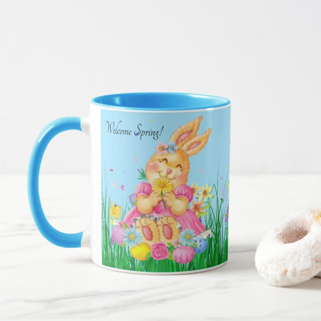 Easter Bunny in Pink Spring Time Flowers Gift Mug (With Donut)