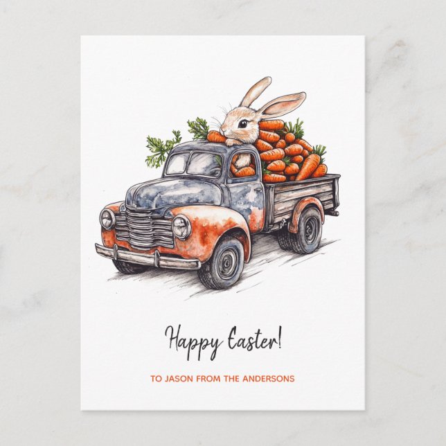 Easter bunny in rustic vintage truck  holiday postcard (Front)