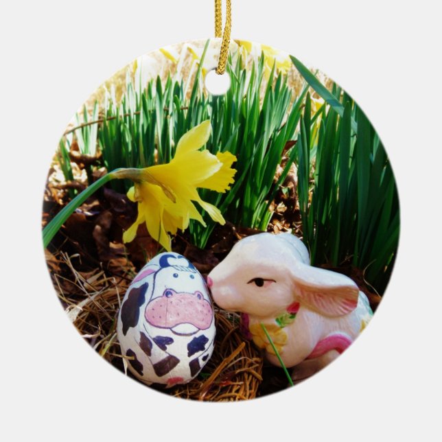 Easter Bunny kissing Cow Egg Ceramic Tree Decoration (Front)