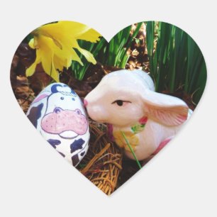 Easter Bunny kissing Cow Egg Heart Sticker