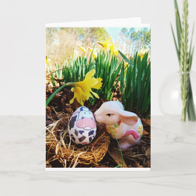 Easter Bunny kissing Cow Egg Holiday Card (Front)