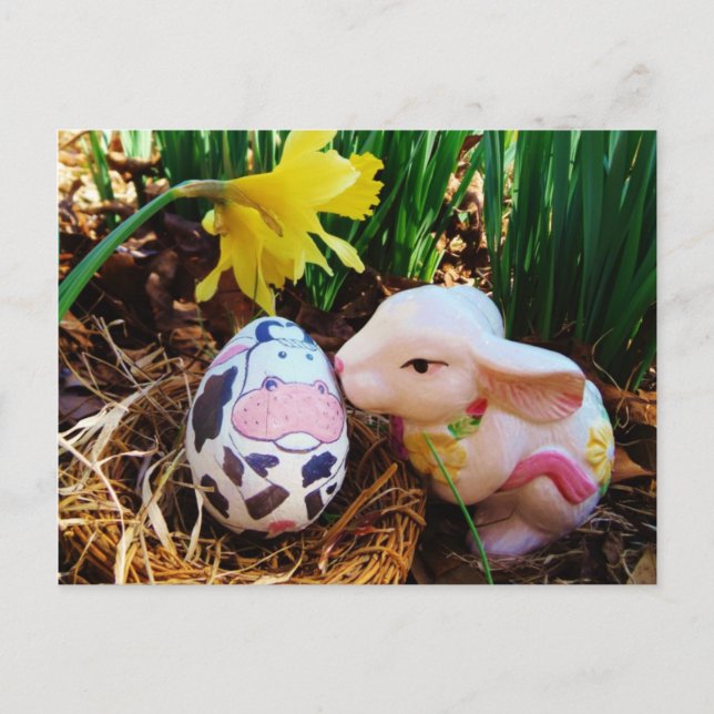 Easter Bunny kissing Cow Egg Holiday Postcard (Front)