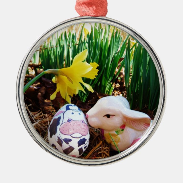 Easter Bunny kissing Cow Egg Metal Tree Decoration (Front)