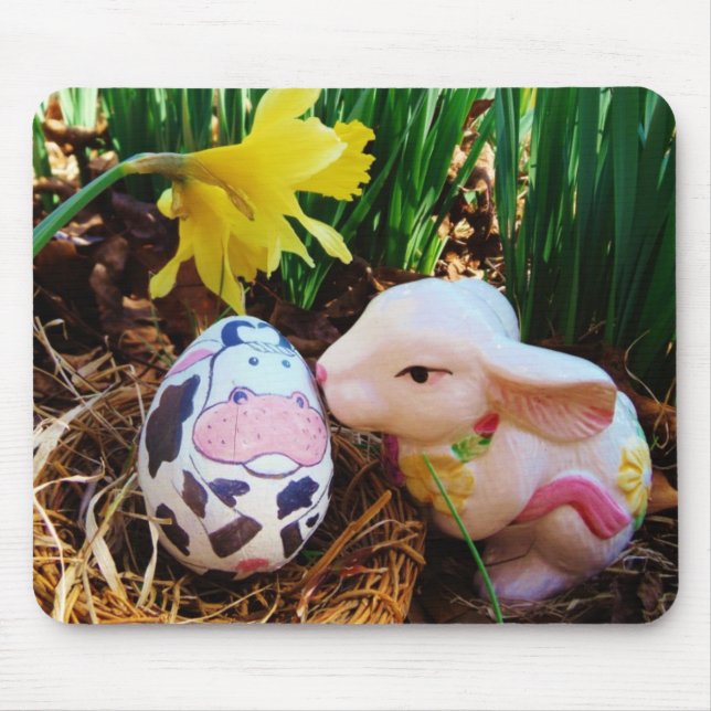 Easter Bunny kissing Cow Egg Mouse Mat (Front)