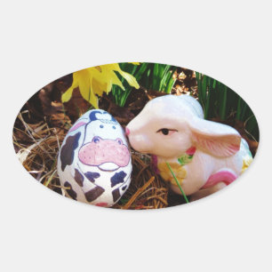 Easter Bunny kissing Cow Egg Oval Sticker