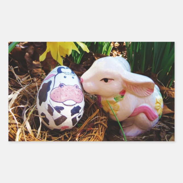 Easter Bunny kissing Cow Egg Rectangular Sticker (Front)