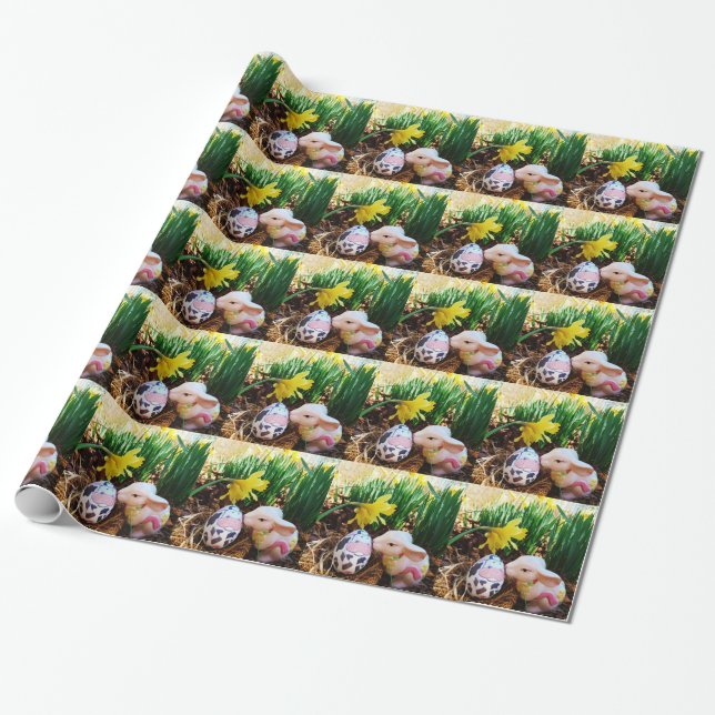 Easter Bunny kissing Cow Egg Wrapping Paper (Unrolled)