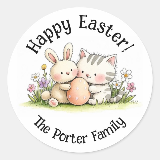 Easter Bunny & Kitten Personalised Round Sticker (Front)