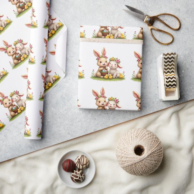 Easter Bunny & Lamb | Spring Flowers & Chicks Cute Wrapping Paper (Crafts)