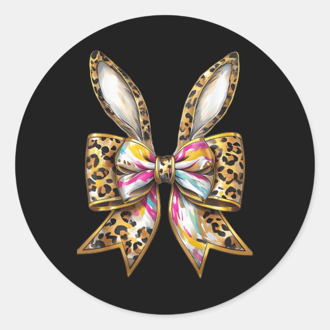 Easter Bunny Leopard Coquette Bow Happy Easter Gir Classic Round Sticker (Front)