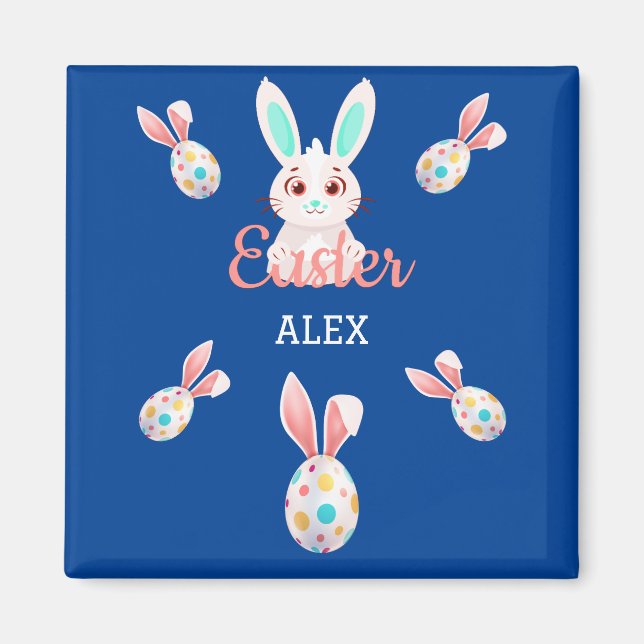 " EASTER" BUNNY MAGNET WITH SPECKLED EGGS & NAME. (Front)