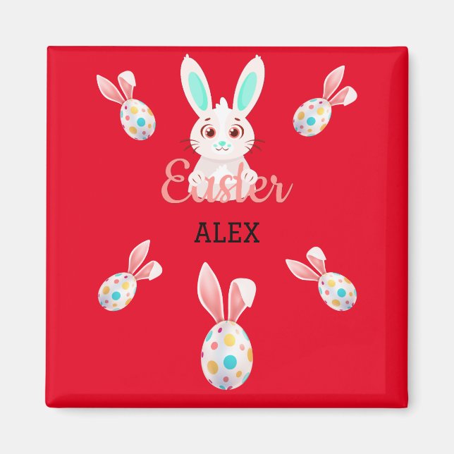 " EASTER" BUNNY MAGNET WITH SPECKLED EGGS & NAME. (Front)