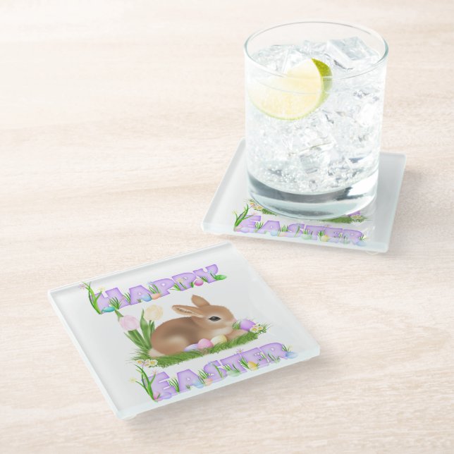 Easter Bunny (Mauve) Glass Coaster (Angled)