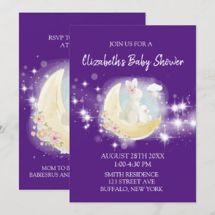 Easter Bunny Moon Stars Purple Girl Baby Shower Invitation