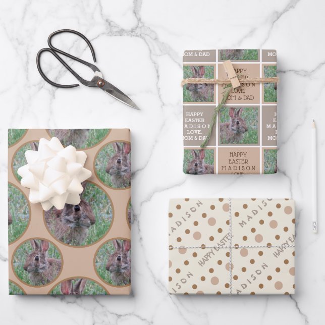 Easter Bunny Neutral Polka Dot Personalised Wrapping Paper Sheet (Front)