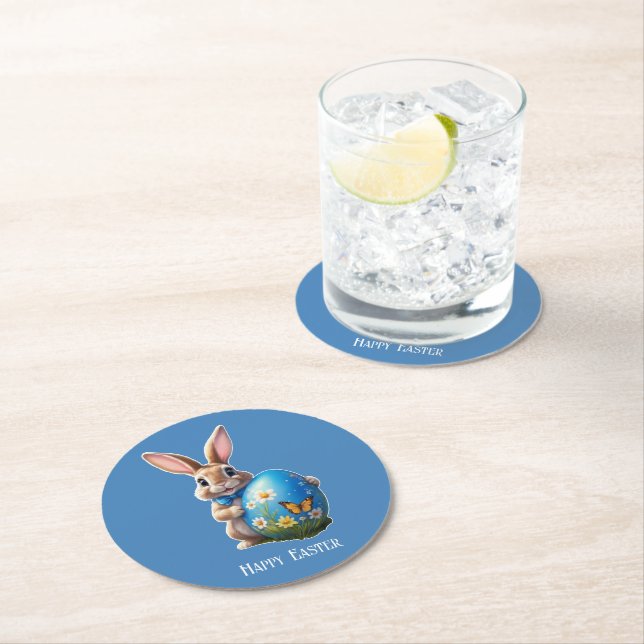 Easter bunny of blue ribbon round paper coaster (Insitu)