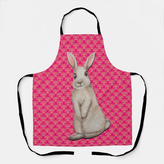 Easter Bunny on Gold Damask & Pink Baking Apron (Front)