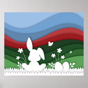 Easter bunny on meadow green red spring nature poster