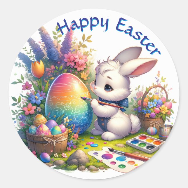 Easter Bunny Painting Eggs Cute Classic Round Sticker (Front)