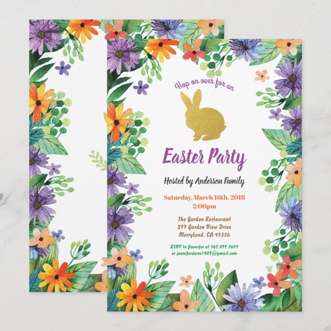 Easter bunny party watercolor floral gold invitation (Front/Back)