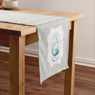 Easter Bunny Pastel Art with Spring Floral Pattern Short Table Runner