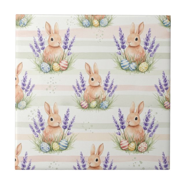 Easter Bunny Pastel Egg Stripe Pattern Tile (Front)