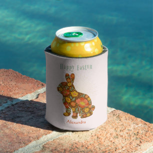 Easter Bunny Personalised Gold Pink Floral Can Cooler