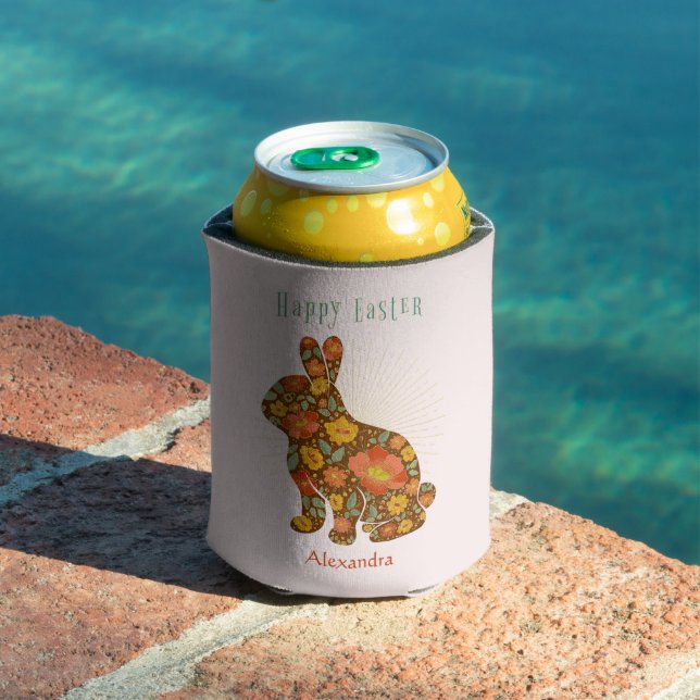 Easter Bunny Personalised Gold Pink Floral Can Cooler (In Situ Pool)