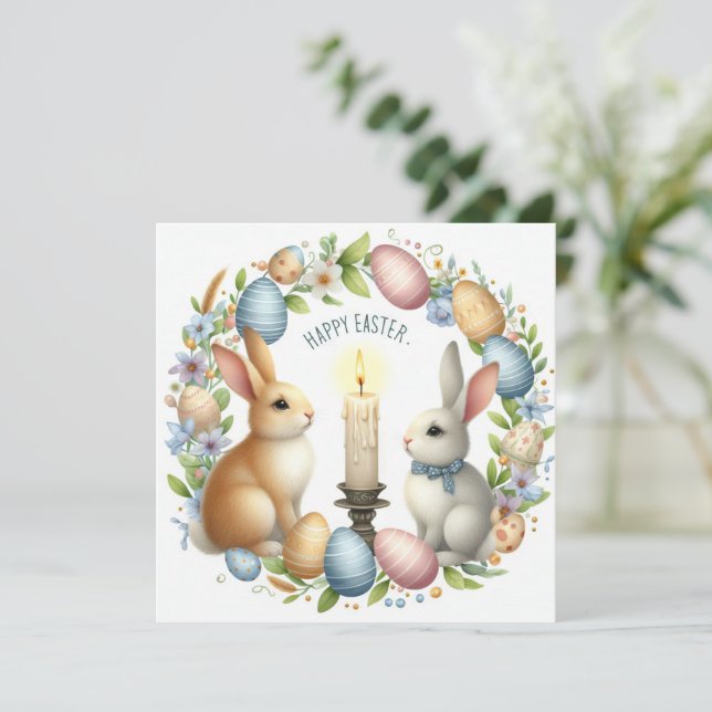Easter Bunny Pink Blue Candle Illustration  Holiday Card (Standing Front)