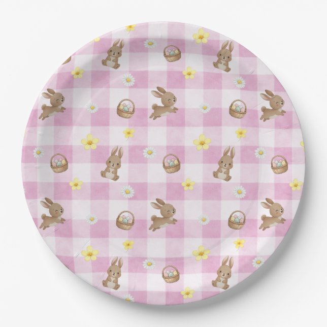 Easter Bunny Pink Gingham Paper Plate (Front)