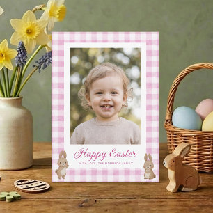 Easter Bunny Pink Gingham Photo Holiday Card