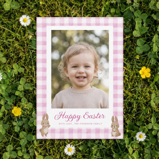 Easter Bunny Pink Gingham Photo Holiday Card