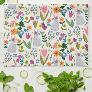 Easter bunny pink & green cute spring floral apron tea towel