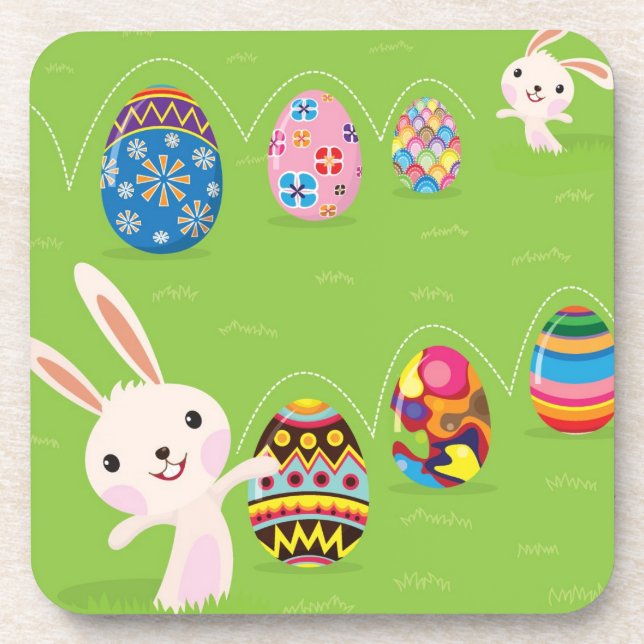 Easter bunny playful with painted eggs coaster (Front)