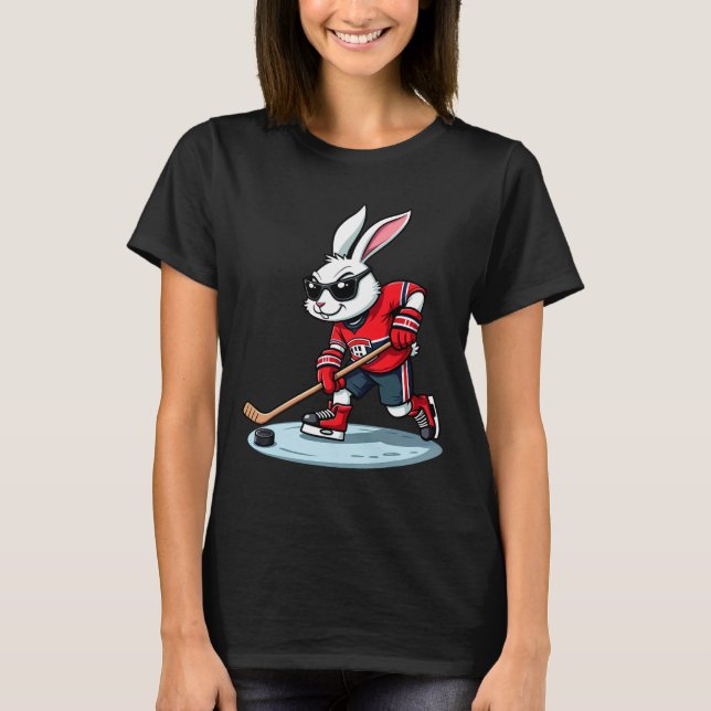 Easter Bunny Playing Hockey  T-Shirt (Front)