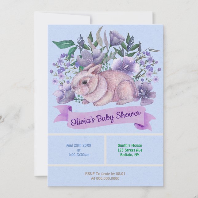 Easter Bunny Purple Florals Baby Shower Invites (Front)
