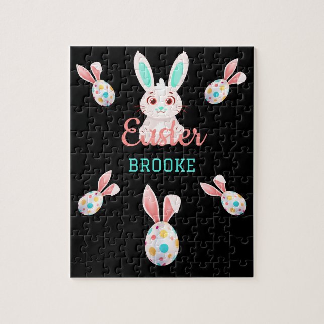" EASTER" BUNNY PUZZLE WITH SPECKLED EGGS & NAME. (Vertical)
