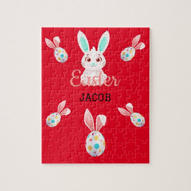 " EASTER" BUNNY PUZZLE WITH SPECKLED EGGS & NAME. (Vertical)