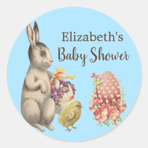 Easter Bunny Rabbit and Chicken Blue Baby Shower Classic Round Sticker