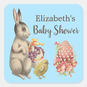 Easter Bunny Rabbit and Chicken Blue Baby Shower Square Sticker