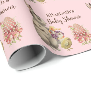 Easter Bunny Rabbit and Chicken Pink Baby Shower Wrapping Paper