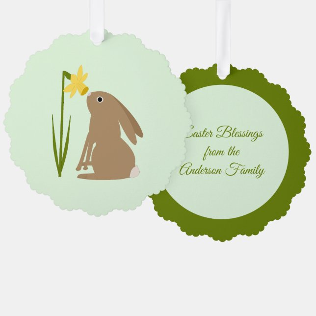 Easter Bunny Rabbit and Daffodil flower Custom Tree Decoration Card (Front/Back)