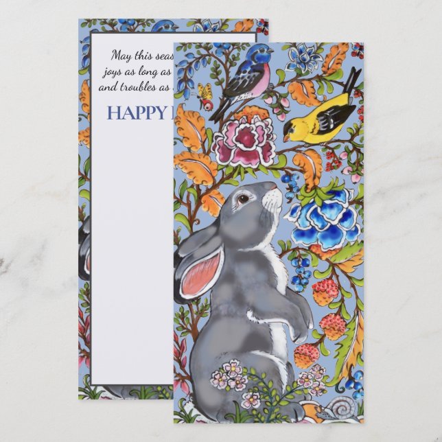 Easter Bunny Rabbit Bird Colourful Floral Pretty Holiday Card (Front/Back)