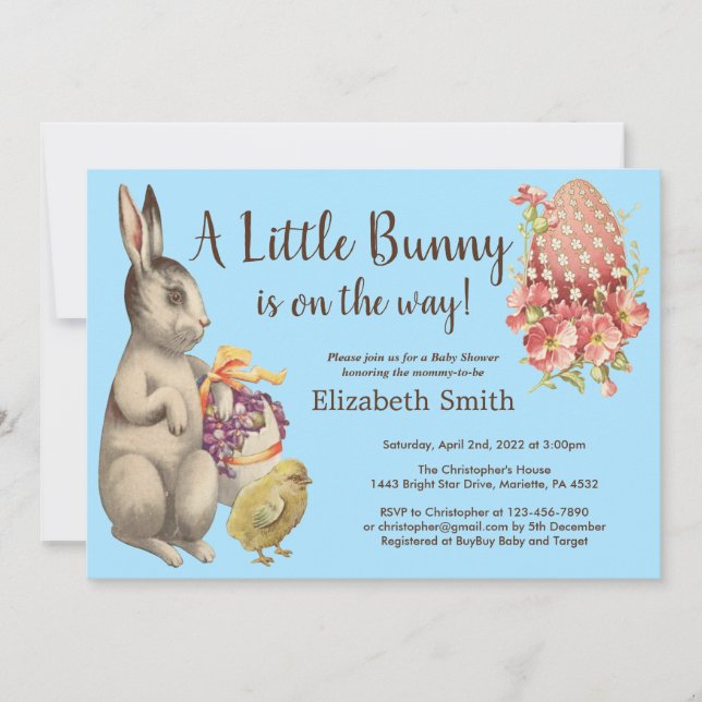 Easter Bunny Rabbit & Chicken Blue Baby Shower Invitation (Front)