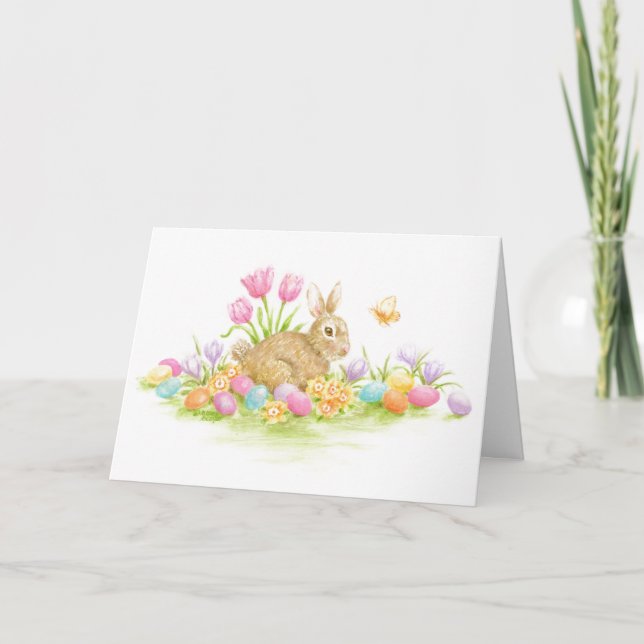 Easter Bunny Rabbit Coloured Eggs Spring Nature Card (Front)