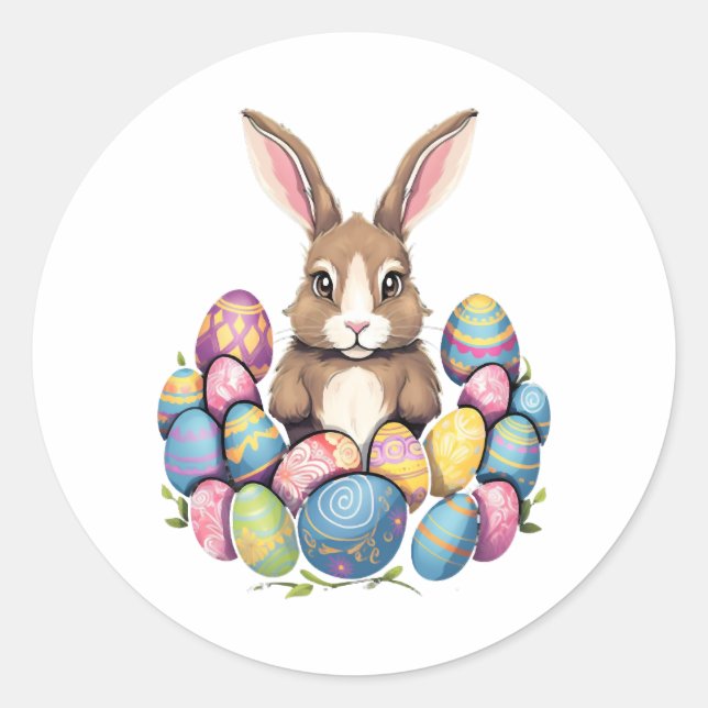 Easter Bunny Rabbit Colourful Eggs Easter Egg Hunt Classic Round Sticker (Front)