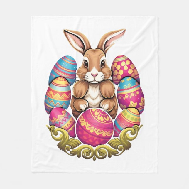 Easter Bunny Rabbit Colourful Eggs Easter Egg Hunt Fleece Blanket (Front)