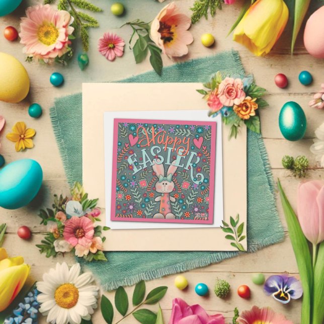Easter Bunny Rabbit Cute Fun Floral Inspirivity  Card (Creator Uploaded)
