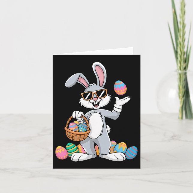 Easter Bunny Rabbit Dabbing Carrying Colourful Egg Card (Front)
